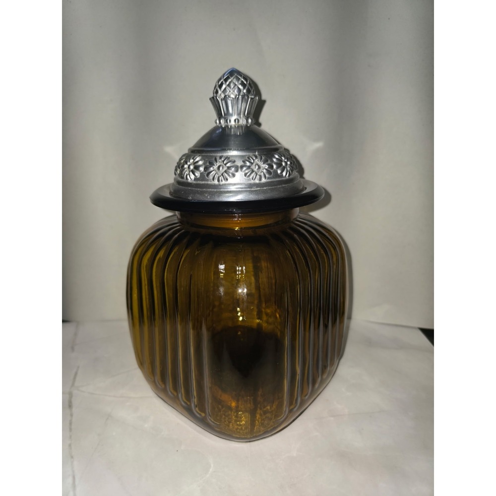 Vintage Artland Amber Canister Glass With Silver Lid Great Condition